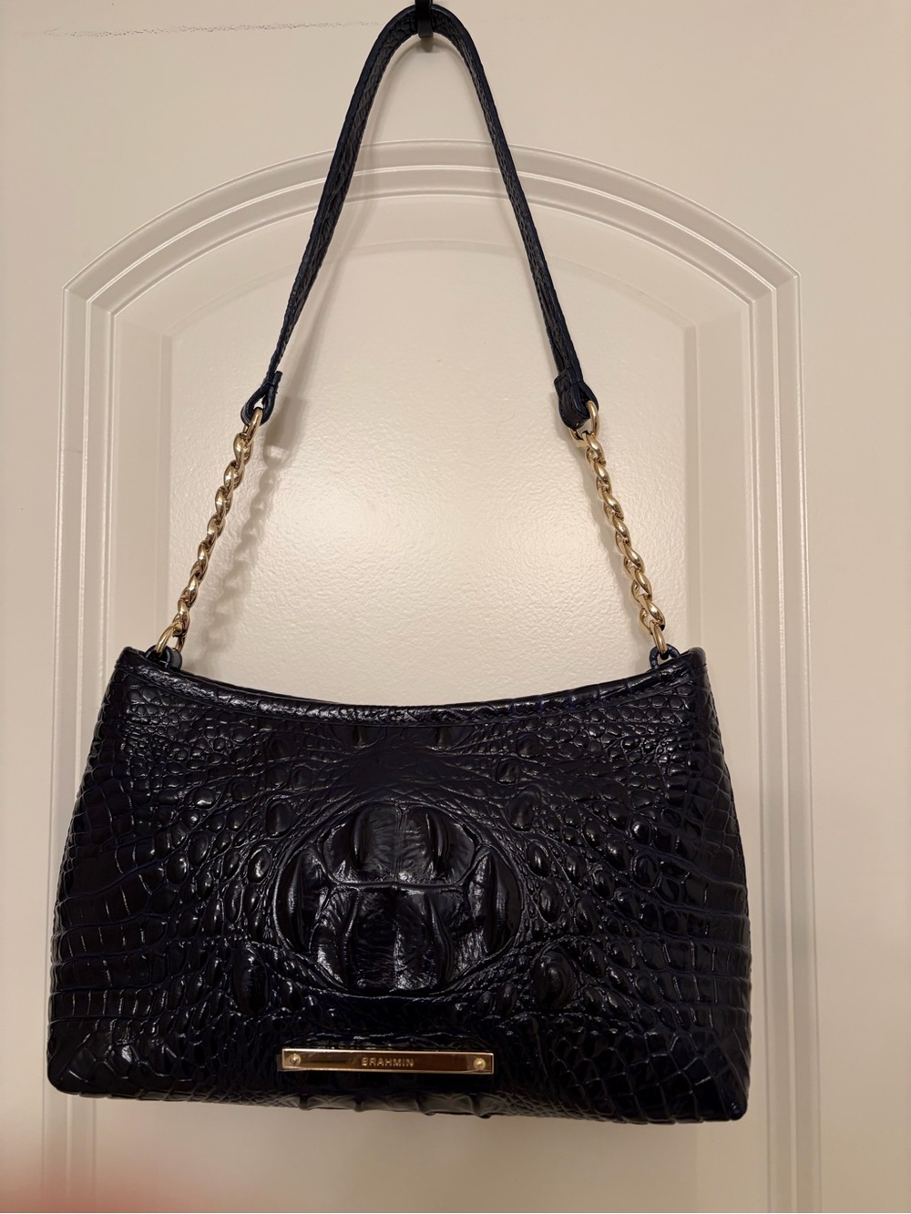 Brahmin Lorelei Navy Melbourne Croc Leather Shoulder Bag Gold Chain